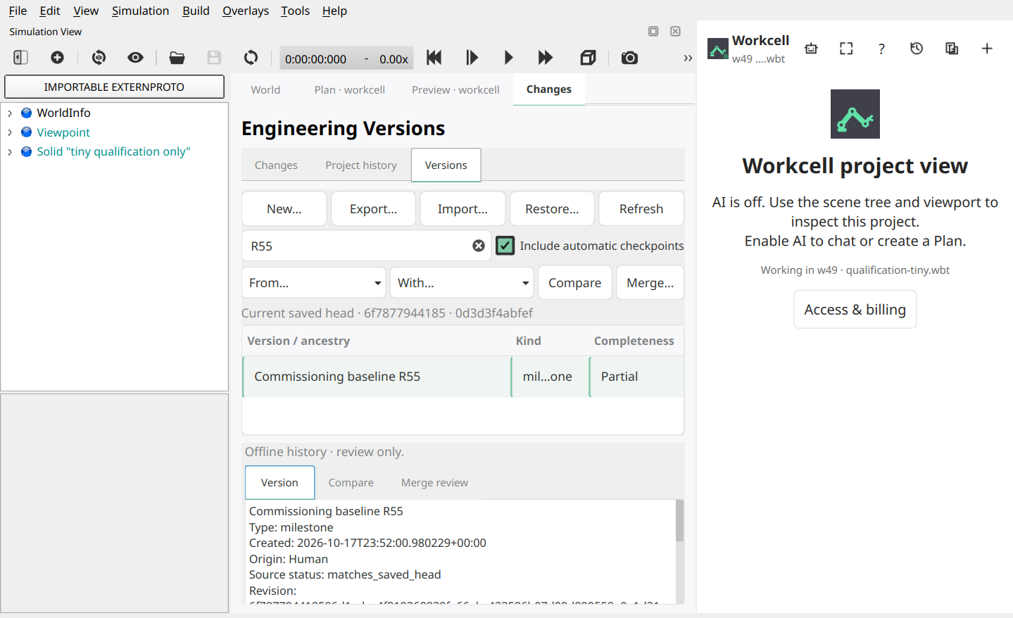 Installed Engineering Versions with a selected milestone, revision details and the offline project view.