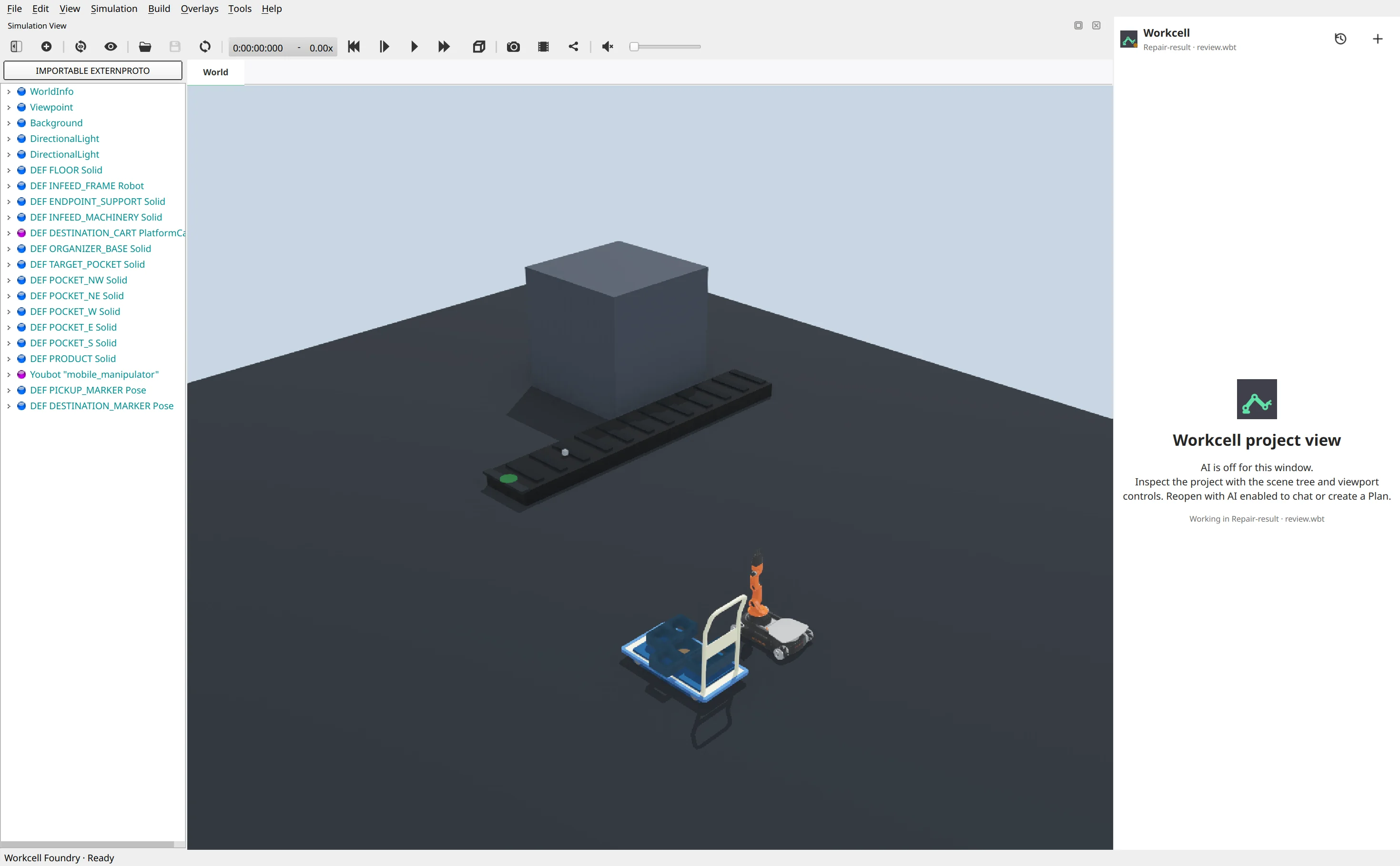 Workcell showing an editable mobile robot, conveyor, receiving cart and scene tree