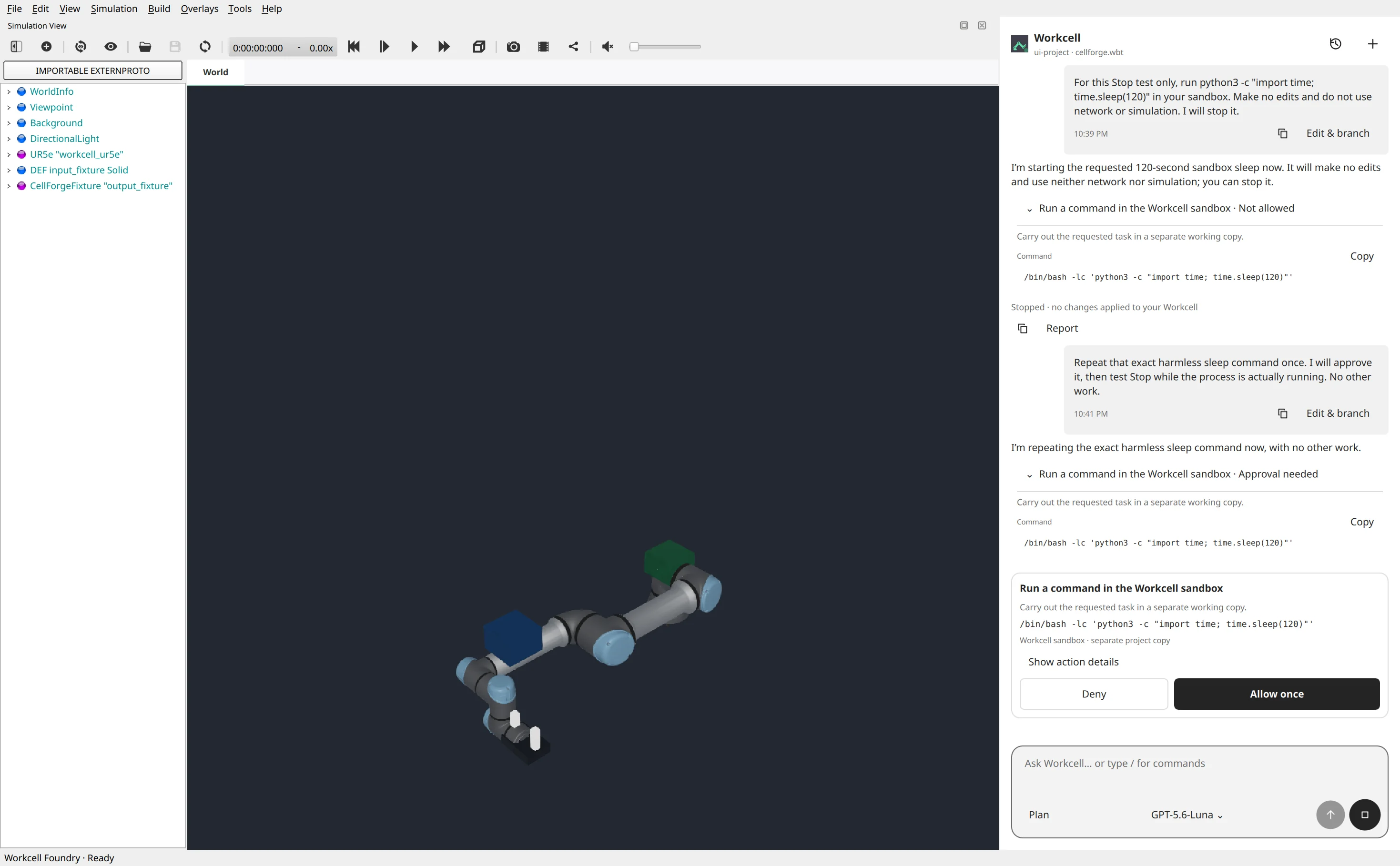 Workcell desktop with an action approval request in the assistant